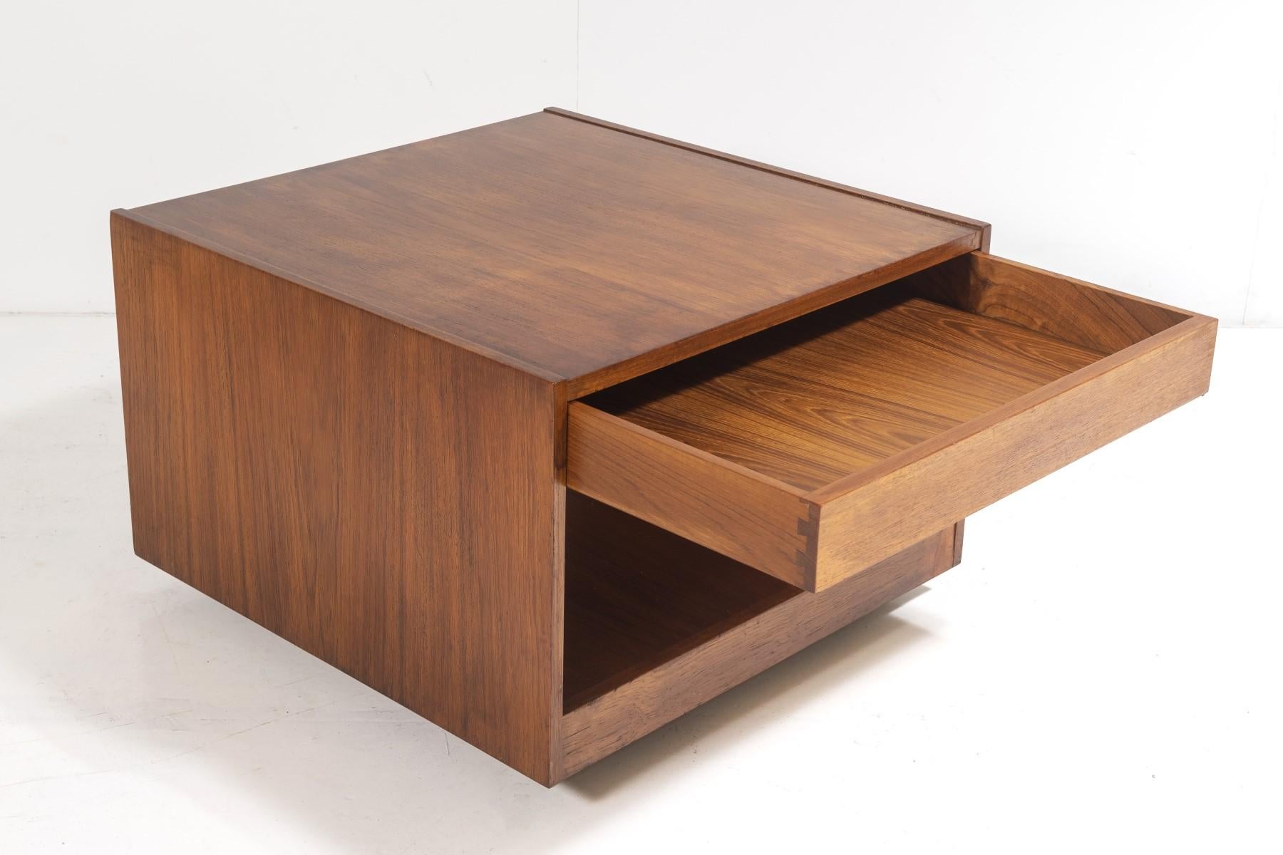 European 1960s Mid Century Square Cube Teak Coffee Table with Double Sided Drawer For Sale