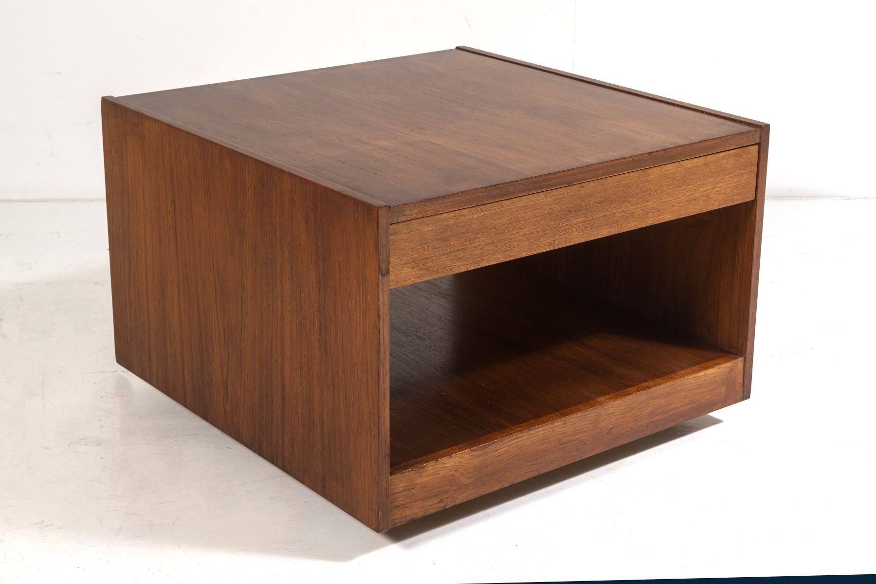 1960s Mid Century Square Cube Teak Coffee Table with Double Sided Drawer 1