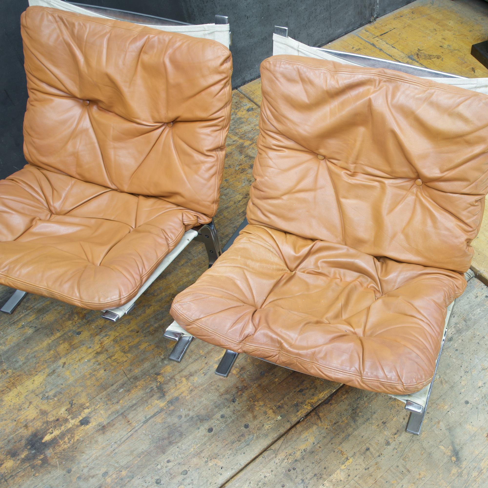 Scandinavian Modern 1960s Scandinavian Steel Leather Sling Lounge Chairs Mid-Century Cabinmodern