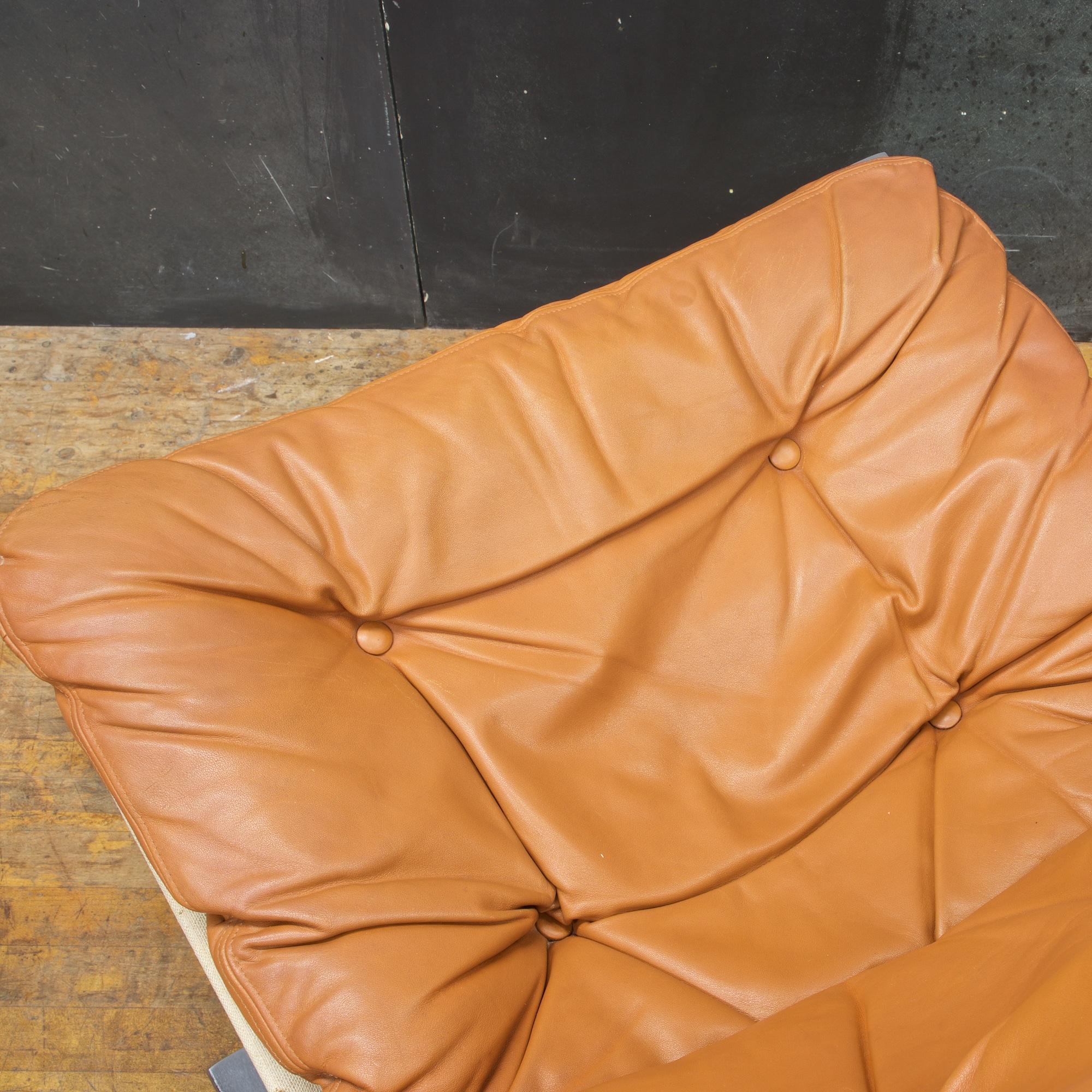 1960s Scandinavian Steel Leather Sling Lounge Chairs Mid-Century Cabinmodern 3