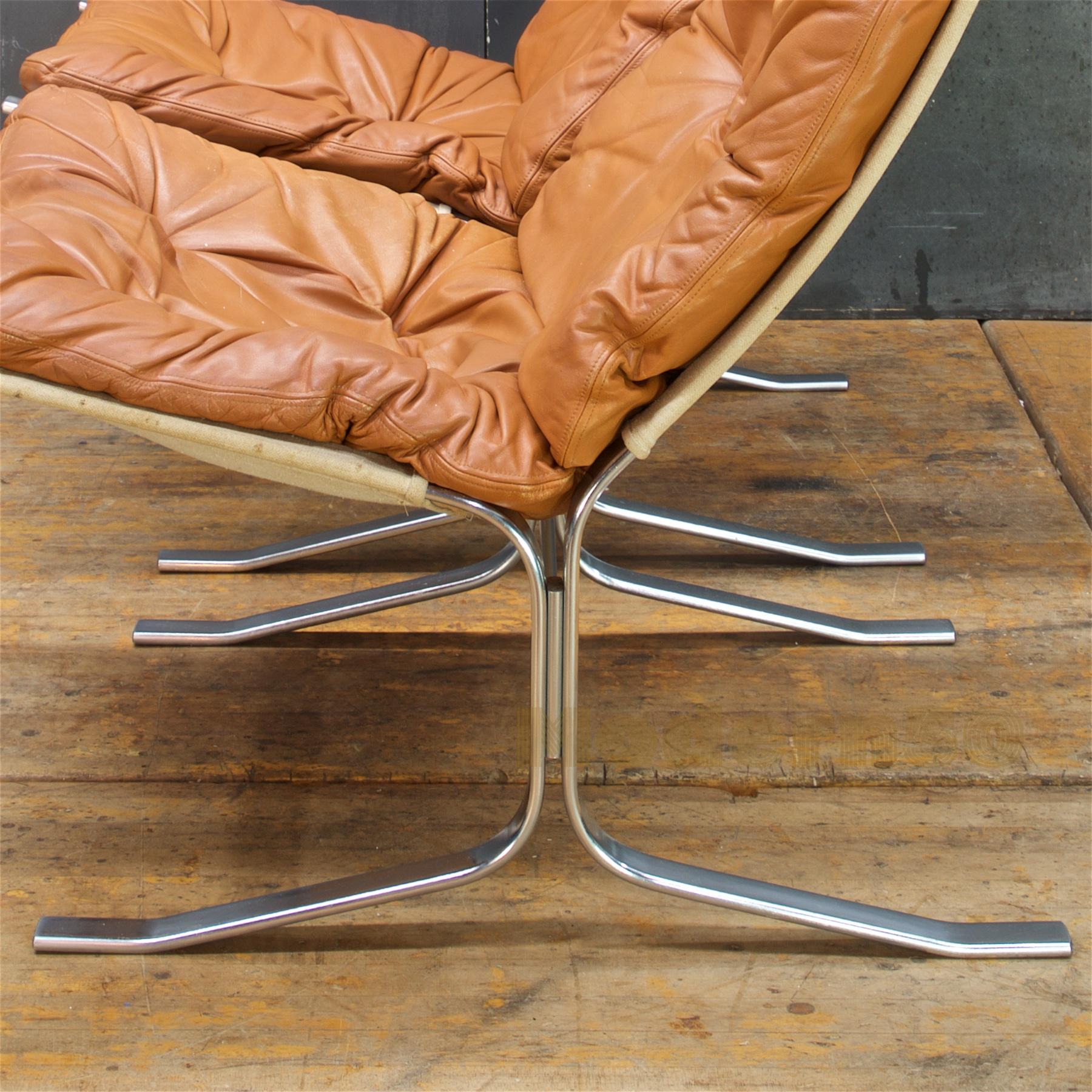 Polished 1960s Scandinavian Steel Leather Sling Lounge Chairs Mid-Century Cabinmodern
