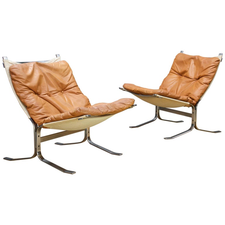 1960s Scandinavian Steel Leather Sling, Swedish Leather Recliner Chairs