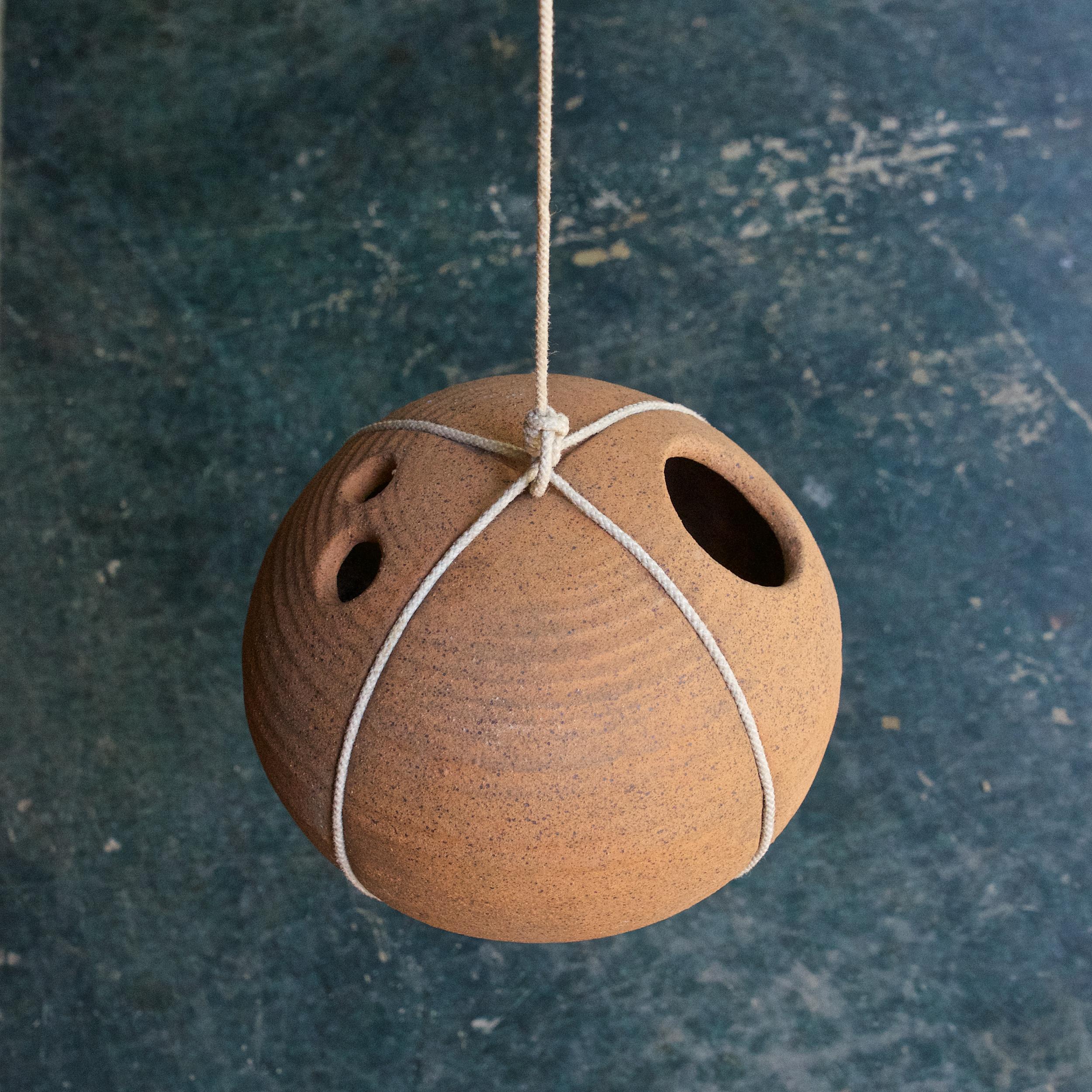 Hand-Crafted Midcentury String and Stoneware Ball Birdhouse Architectural Pottery Folk Art