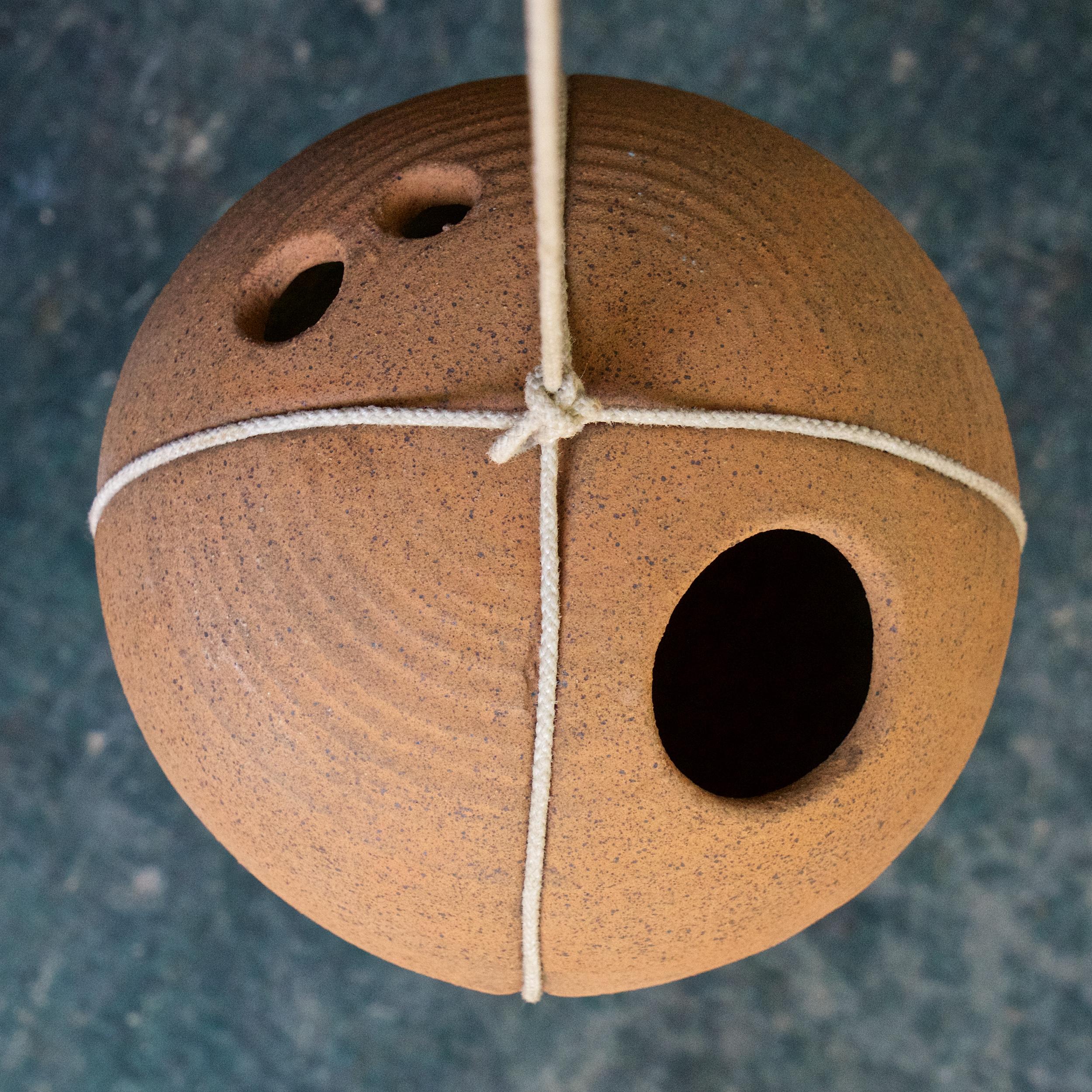 Midcentury String and Stoneware Ball Birdhouse Architectural Pottery Folk Art 1