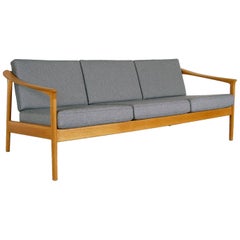 1960s Midcentury Swedish 3-Seat Oak and Grey Sofa by Folke Ohlsson for Bodafors