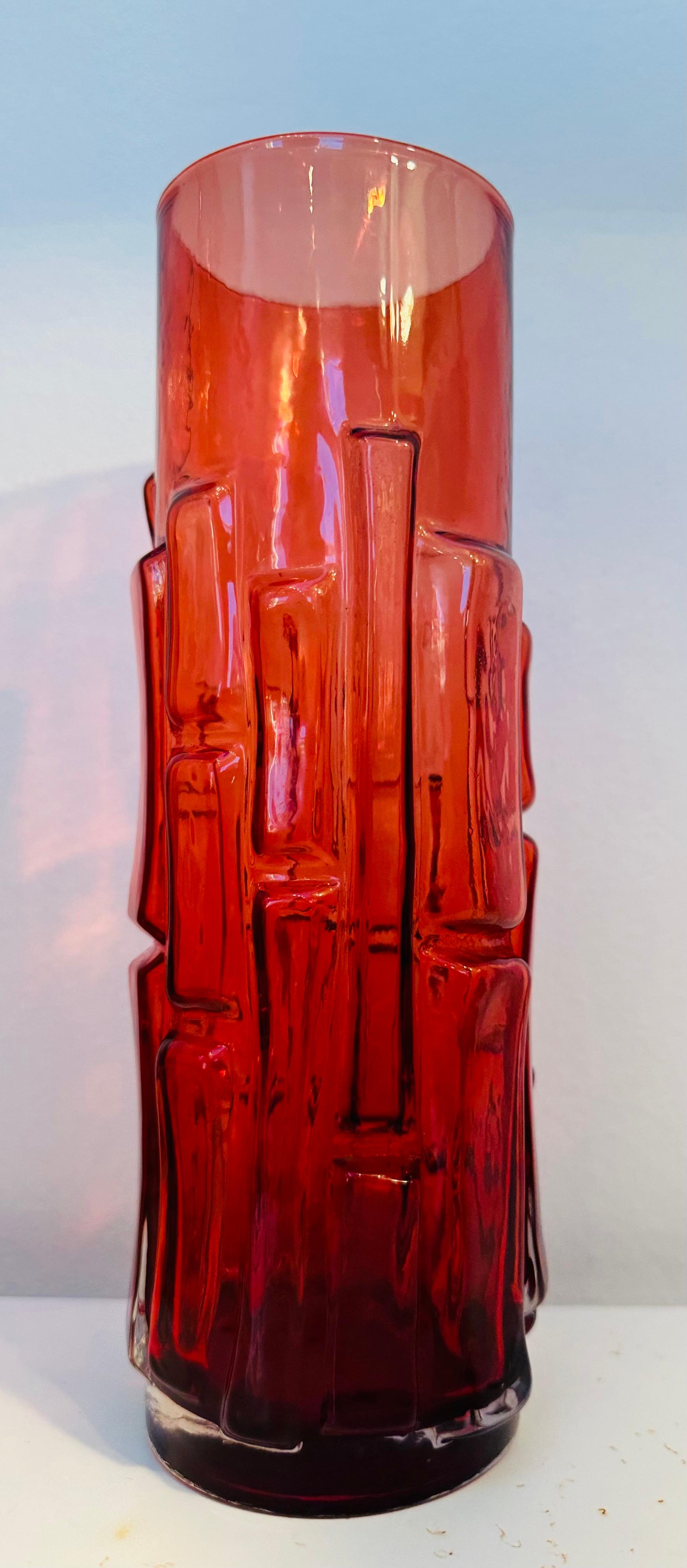 Glass 1960s Mid Century Swedish 'Bark' Bo Borgstrom for Aseda Glasbruk Ruby Red Vase