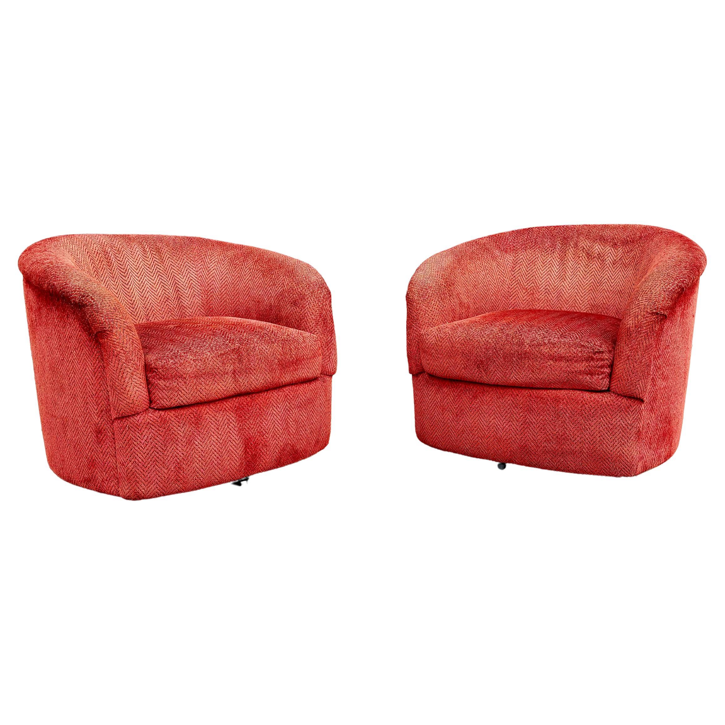 1960s Mid Century Swivel Barrel Chairs Styled After Milo Baughman- Set of 2
