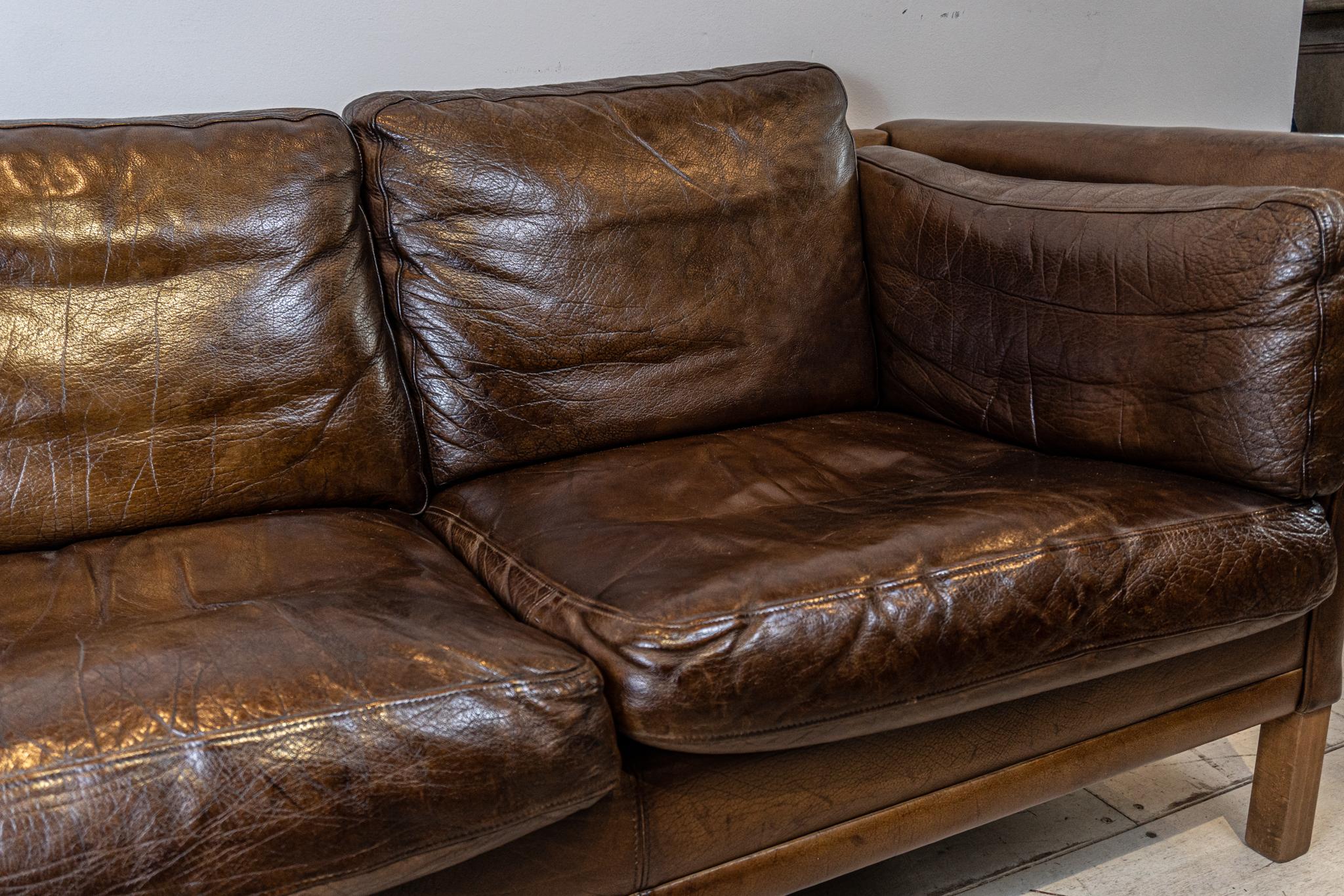 Danish 1960s Mid Century Three Seater Rich Dark Brown Leather Børge Mogensen Sofa