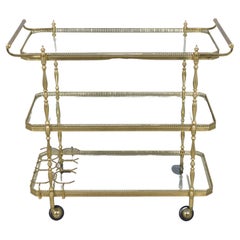 1960s Mid-Century Three-Tiered Brass & Glass Bar Cart with Wine Rack