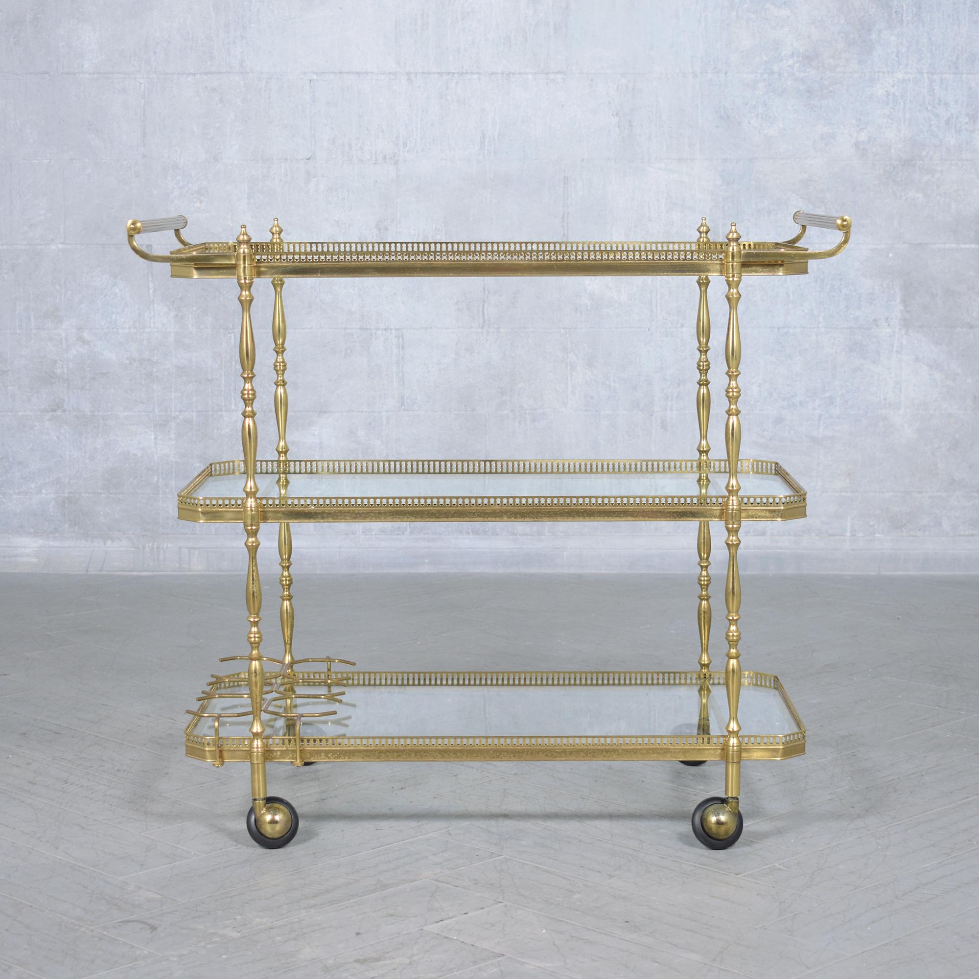 Mid-Century Modern 1960s Mid-Century Three-Tiered Brass & Glass Bar Cart with Wine Rack