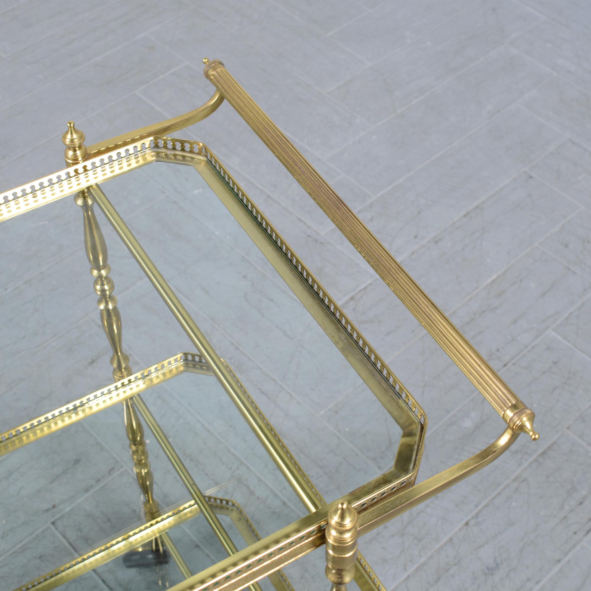 1960s Mid-Century Three-Tiered Brass & Glass Bar Cart with Wine Rack In Good Condition In Los Angeles, CA