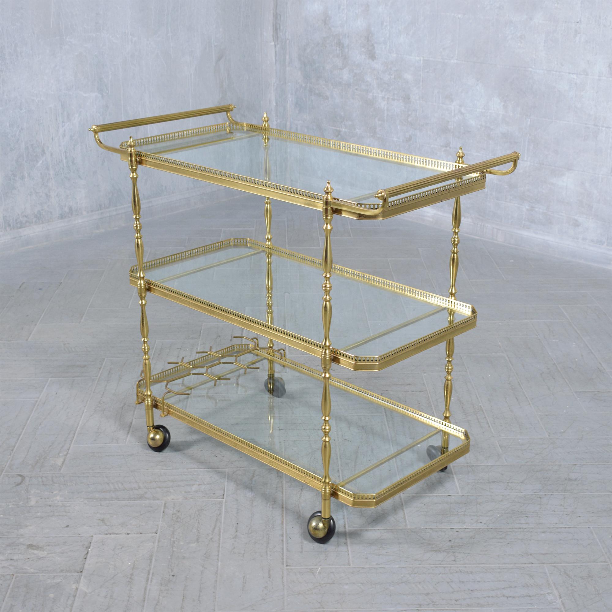 1960s Mid-Century Three-Tiered Brass & Glass Bar Cart with Wine Rack 1