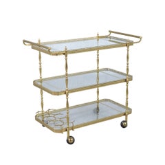 1960s Mid-Century Three-Tiered Brass & Glass Bar Cart with Wine Rack