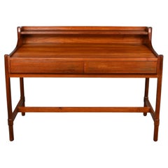 Retro 1960’s Mid Century to Scandinavian Modern Teak Writing Desk w Shelf & Round Legs