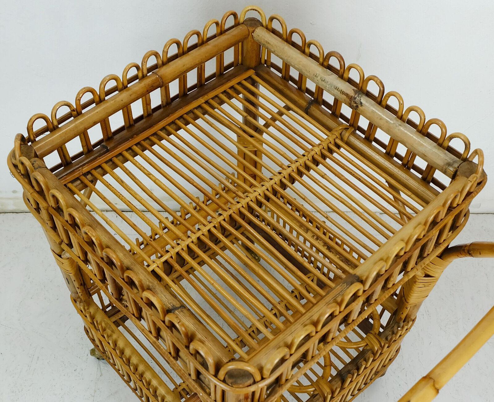 1960s Midcentury Trolley Serving Cart Bamboo Wicker Tea Cart For Sale 1