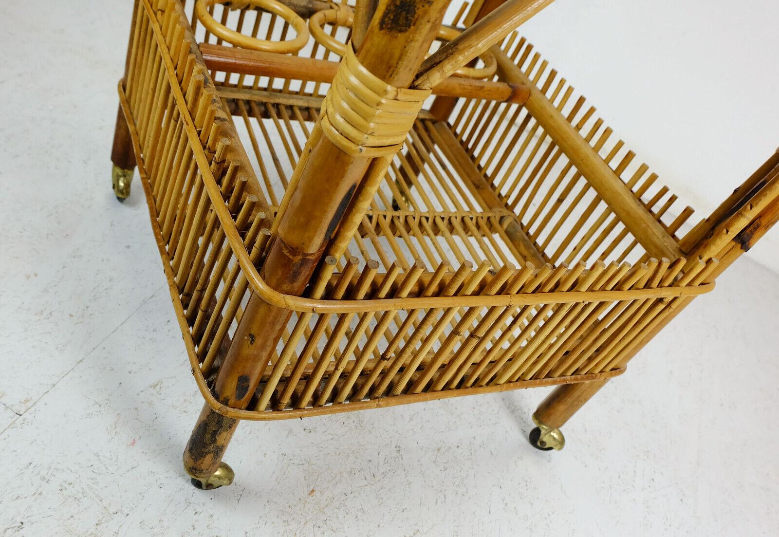 European 1960s Midcentury Trolley Serving Cart Bamboo Wicker Tea Cart For Sale