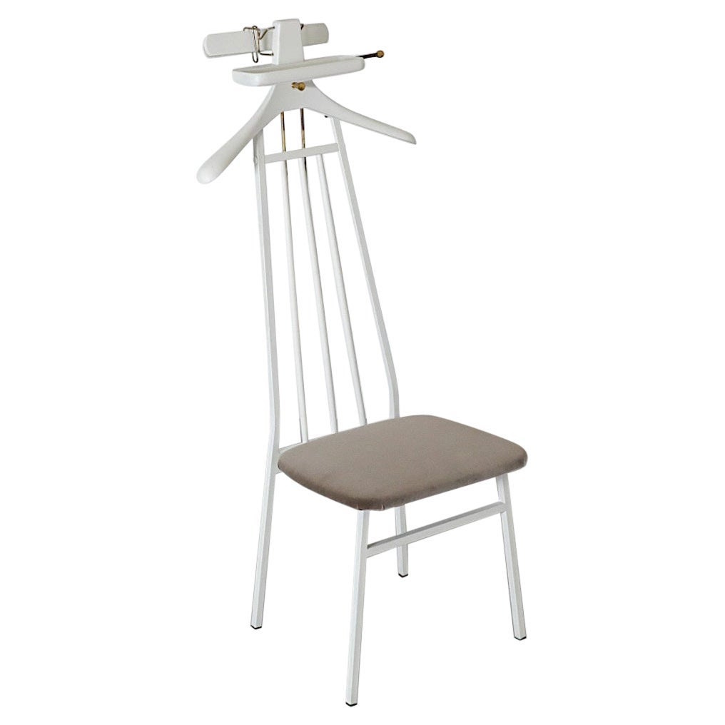 1960s Mid-Century Valet Chair White Lacquered Wood Gray Velvet Brass For Sale