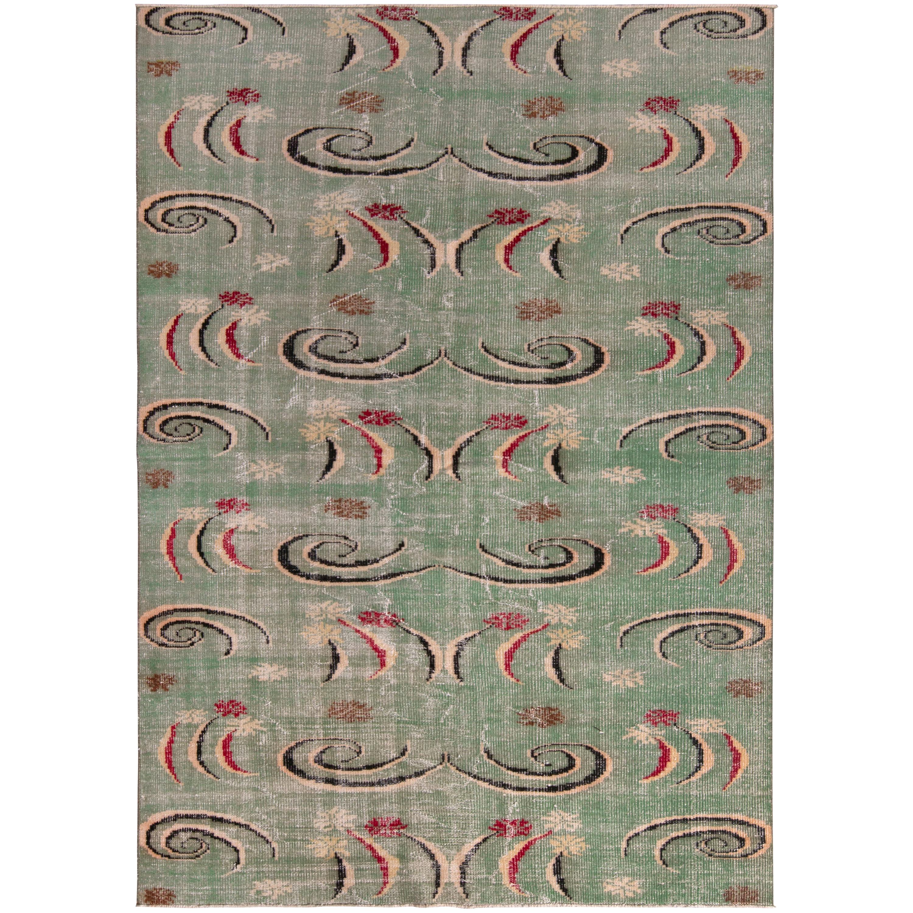 1960s Vintage Art Deco Rug, Distressed Green Geometric Pattern by Rug & Kilim For Sale