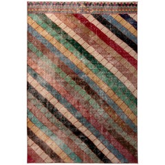 1960s Midcentury Vintage Art Deco Rug, Multi-Color Geometric Distressed Wool