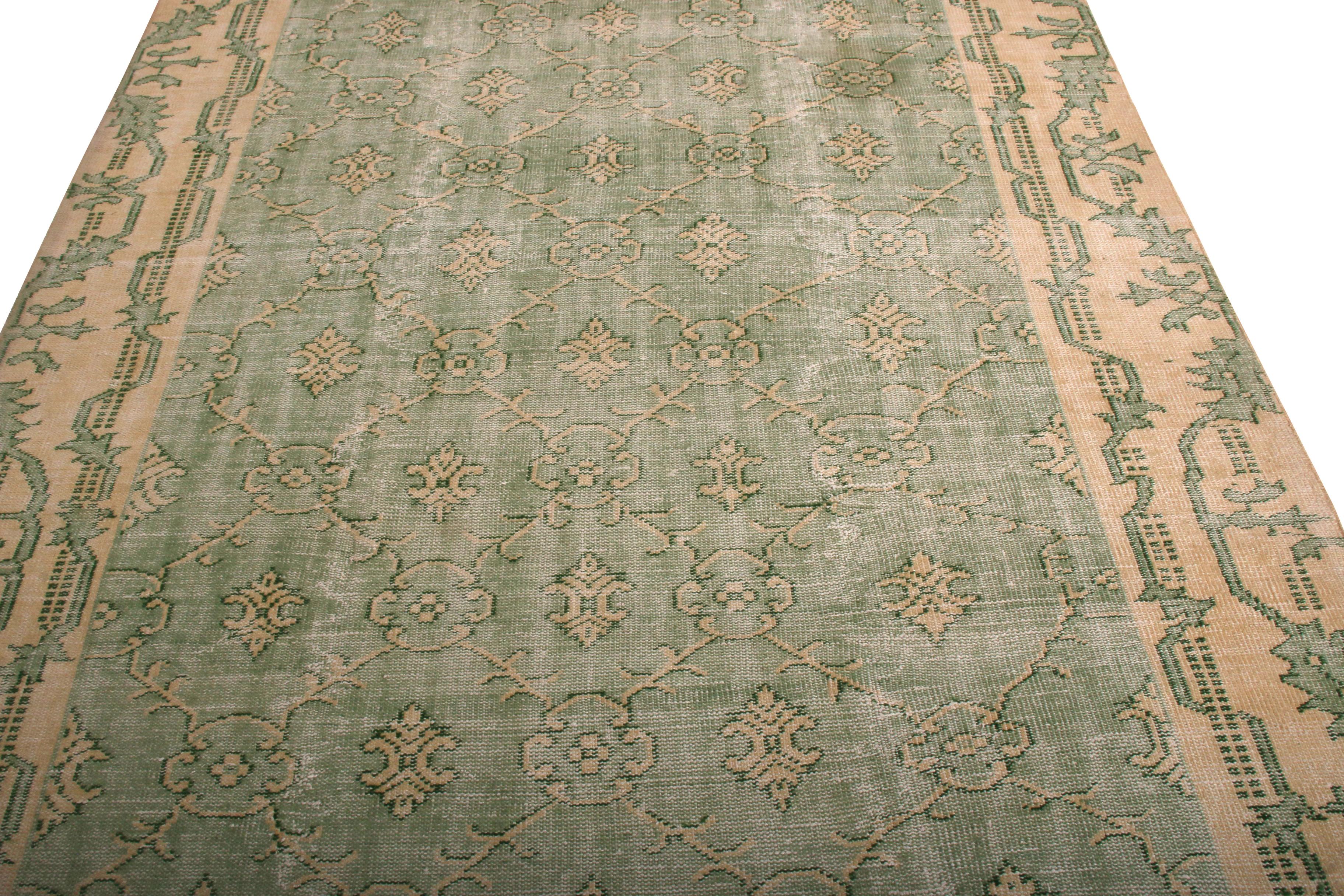 Mid-Century Modern 1960s Vintage Distressed Rug Green French Country Inspired by Rug & Kilim For Sale