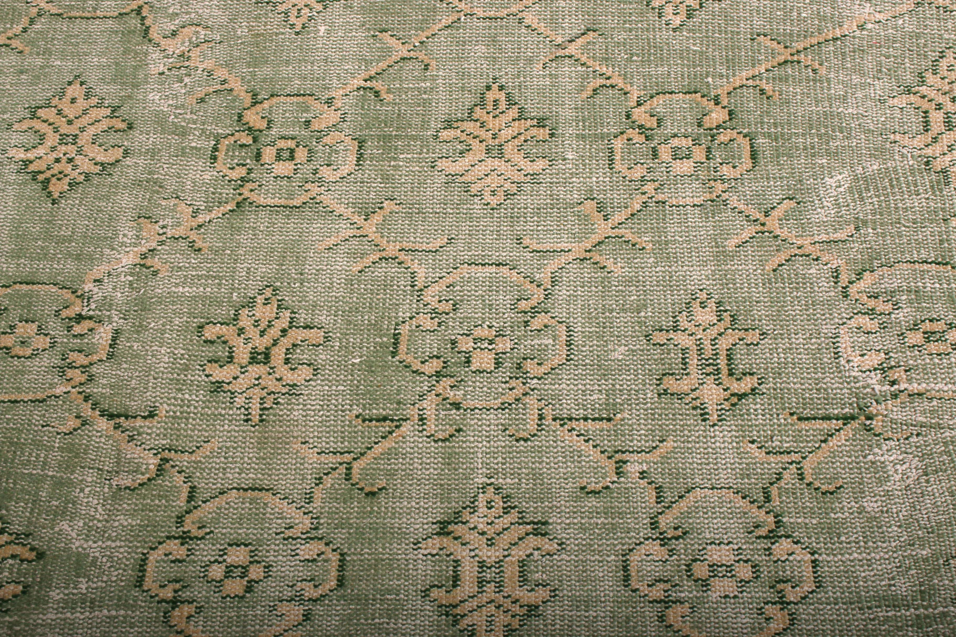 Hand-Knotted 1960s Vintage Distressed Rug Green French Country Inspired by Rug & Kilim For Sale