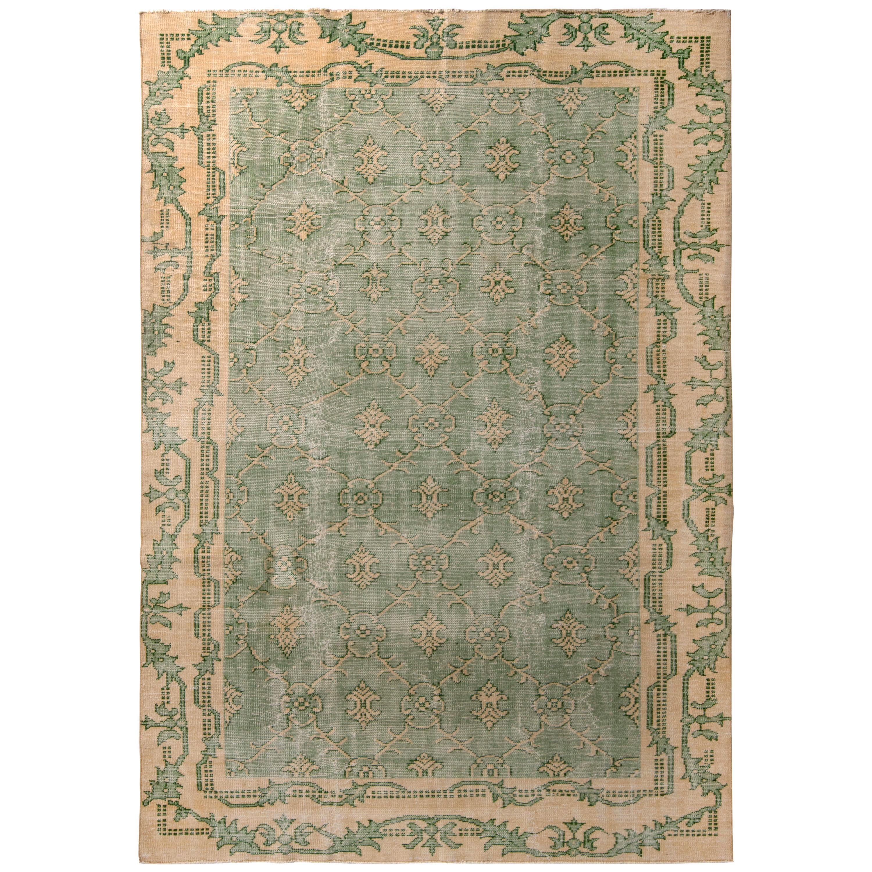 1960s Vintage Distressed Rug Green French Country Inspired by Rug & Kilim For Sale
