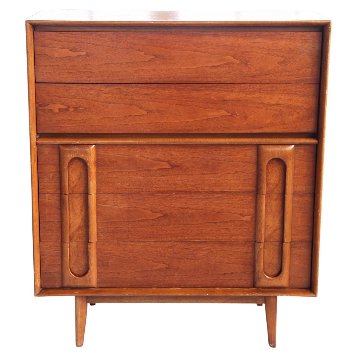 1960s Mid Century Vintage Lane Burlwood + Walnut 5 Drawer Dresser