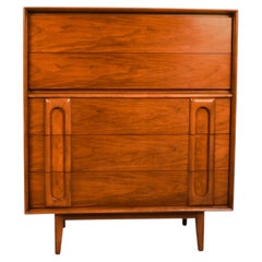 1960s Mid Century Vintage Lane Walnut and Burlwood Tall Five Drawer Dresser