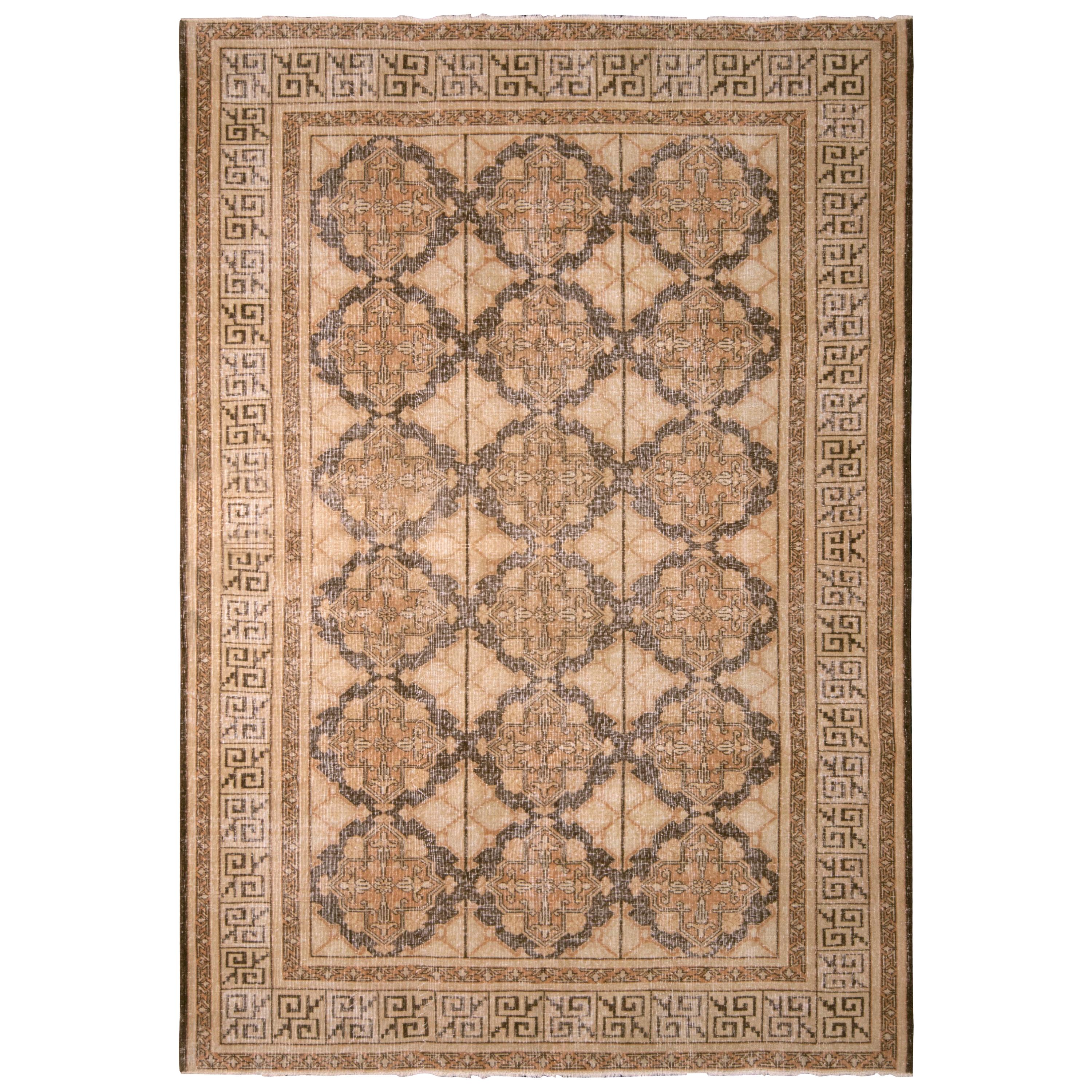 1960s Midcentury Vintage Rug Brown Distressed Geometric Pattern by Rug & Kilim For Sale