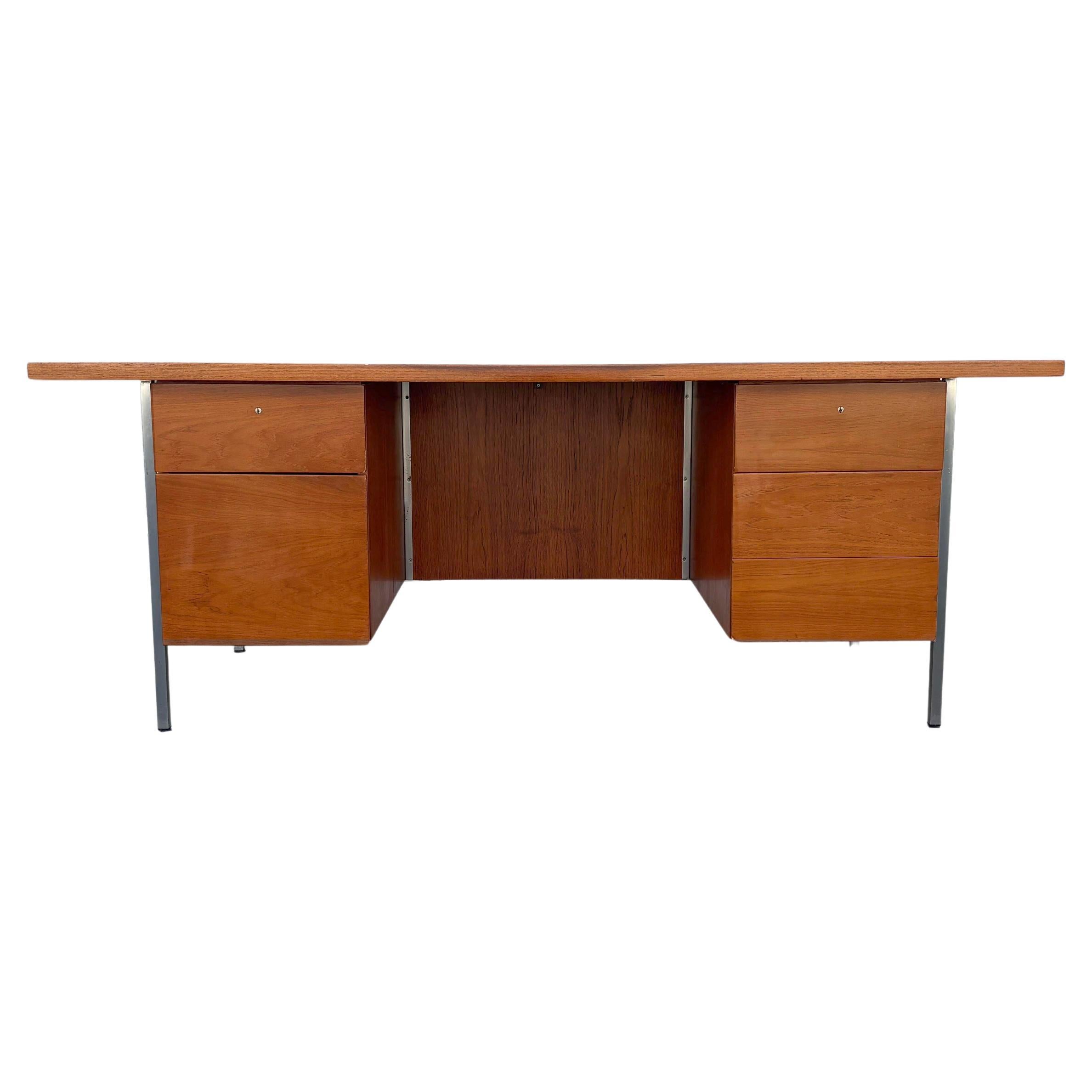 1960s Mid Century Walnut and Chrome Executive Desk by Florence Knoll For Sale
