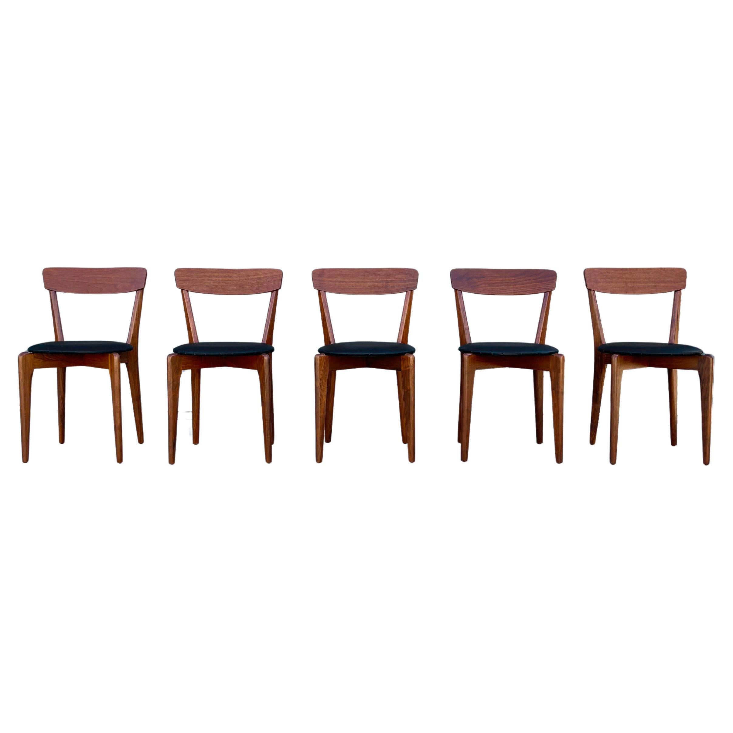 1960s Mid Century Walnut and Vinyl Dining Chairs Refinished - Set of 5