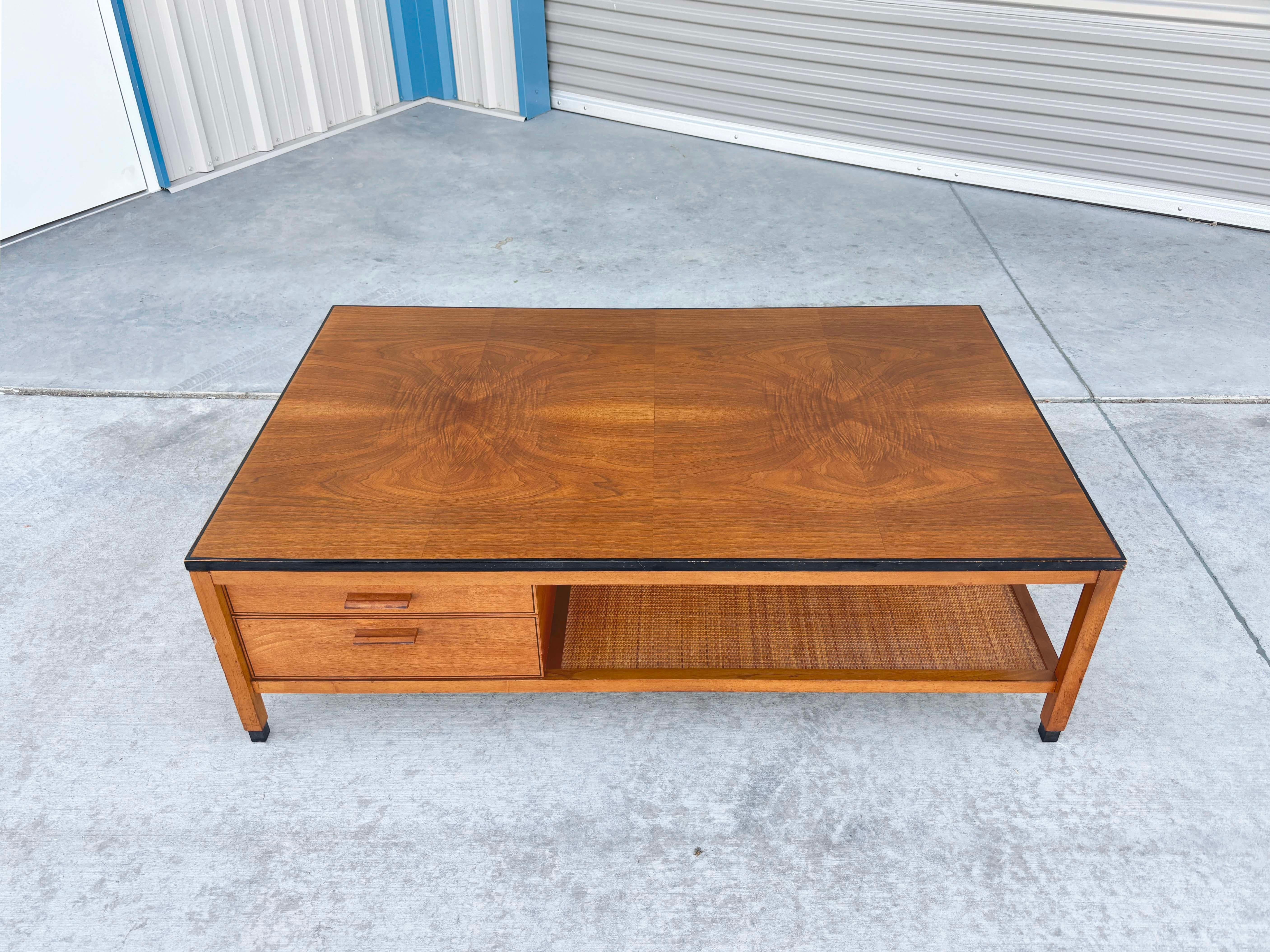 Mid-Century Modern 1960s Mid Century Walnut and Wicker Coffee Table For Sale