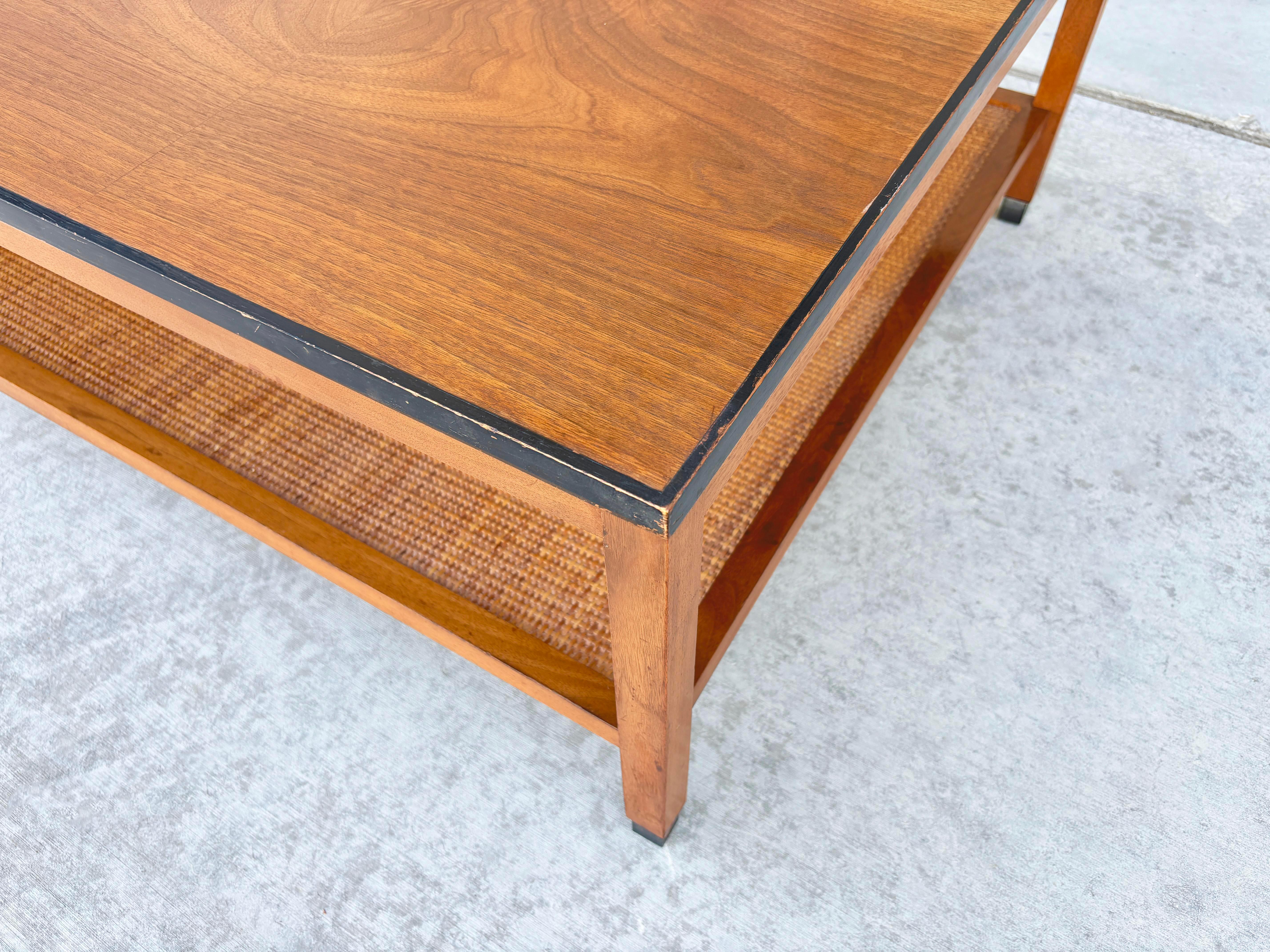 American 1960s Mid Century Walnut and Wicker Coffee Table For Sale