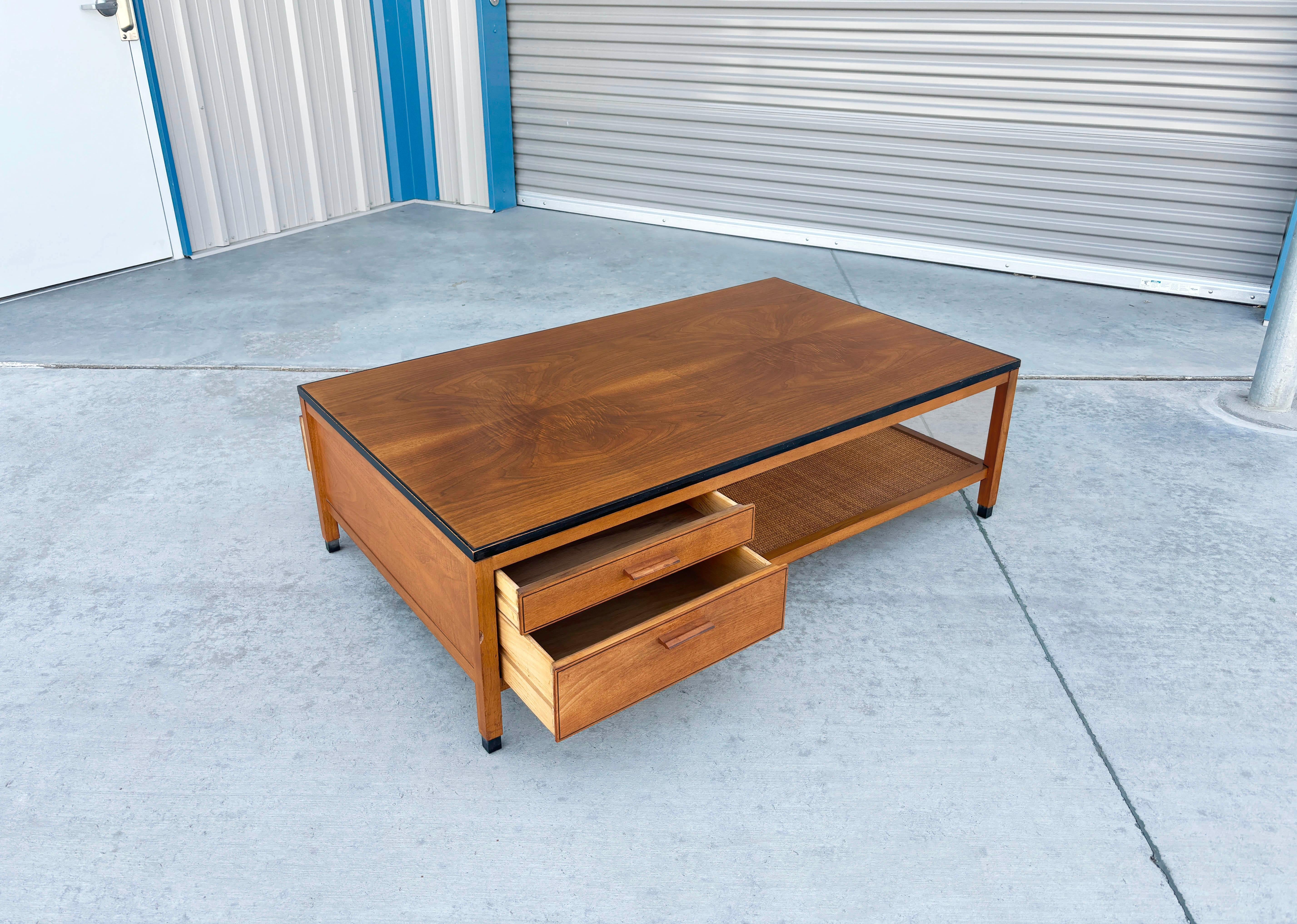 1960s Mid Century Walnut and Wicker Coffee Table For Sale 1