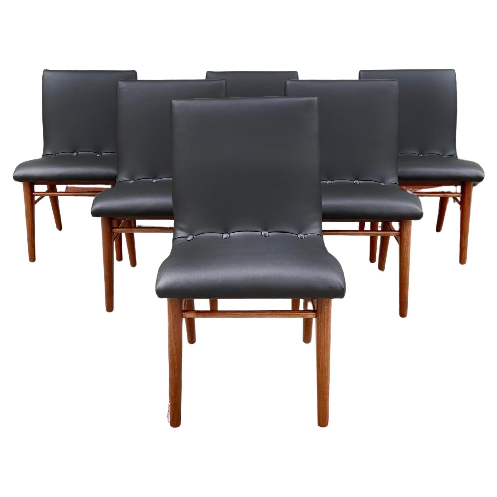1960s Mid Century Walnut & Vinyl Dining Chairs - Set of 6