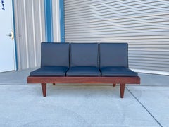 1960s Mid-Century Walnut and Black Vinyl Three-Seat Sofa Frame