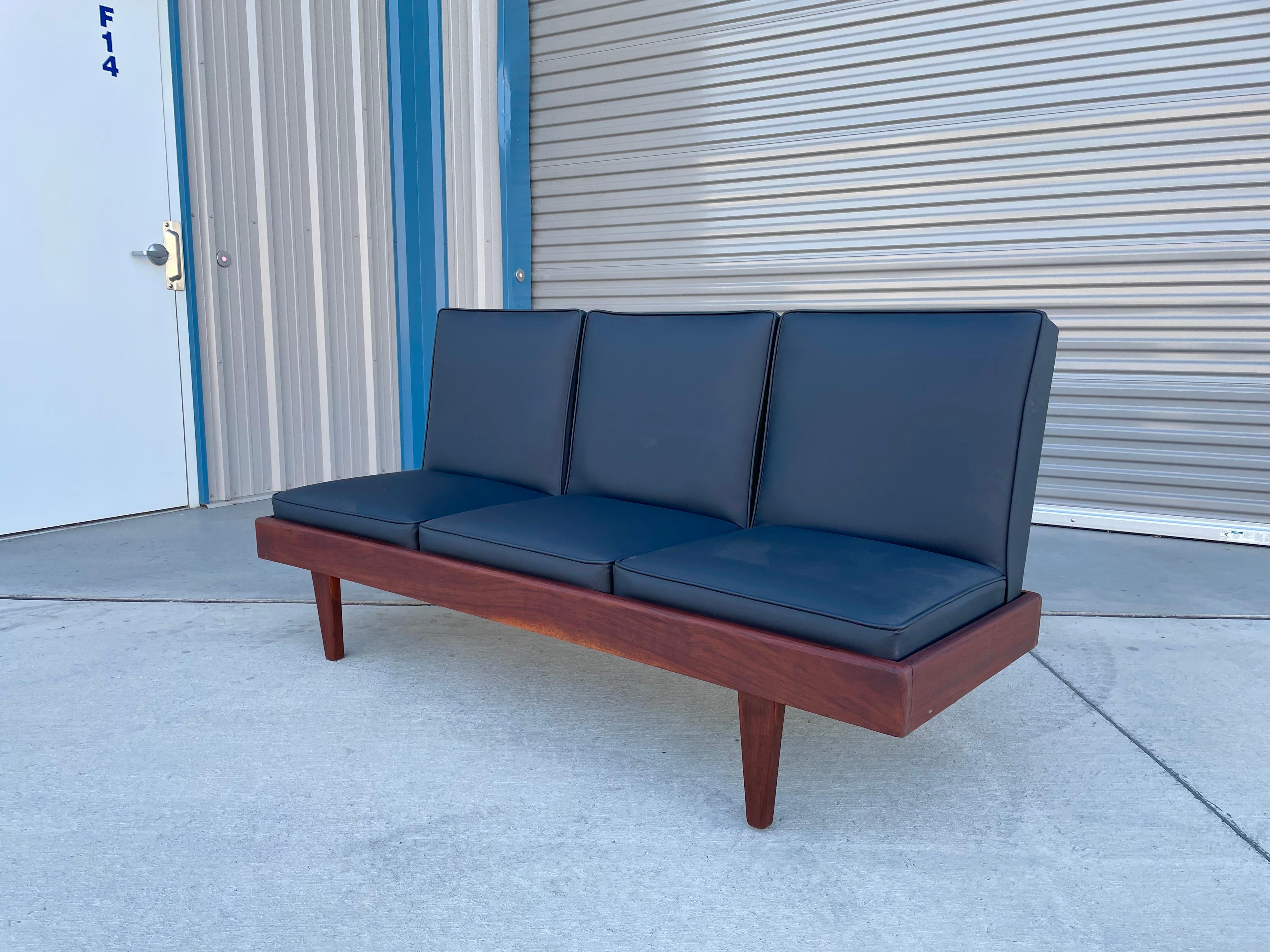 American 1960s Mid Century Walnut & Vinyl Sofa For Sale