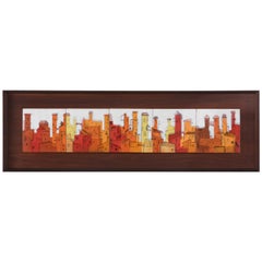 1960s Midcentury Abstract City Architectural Walnut Framed Enamel Tile