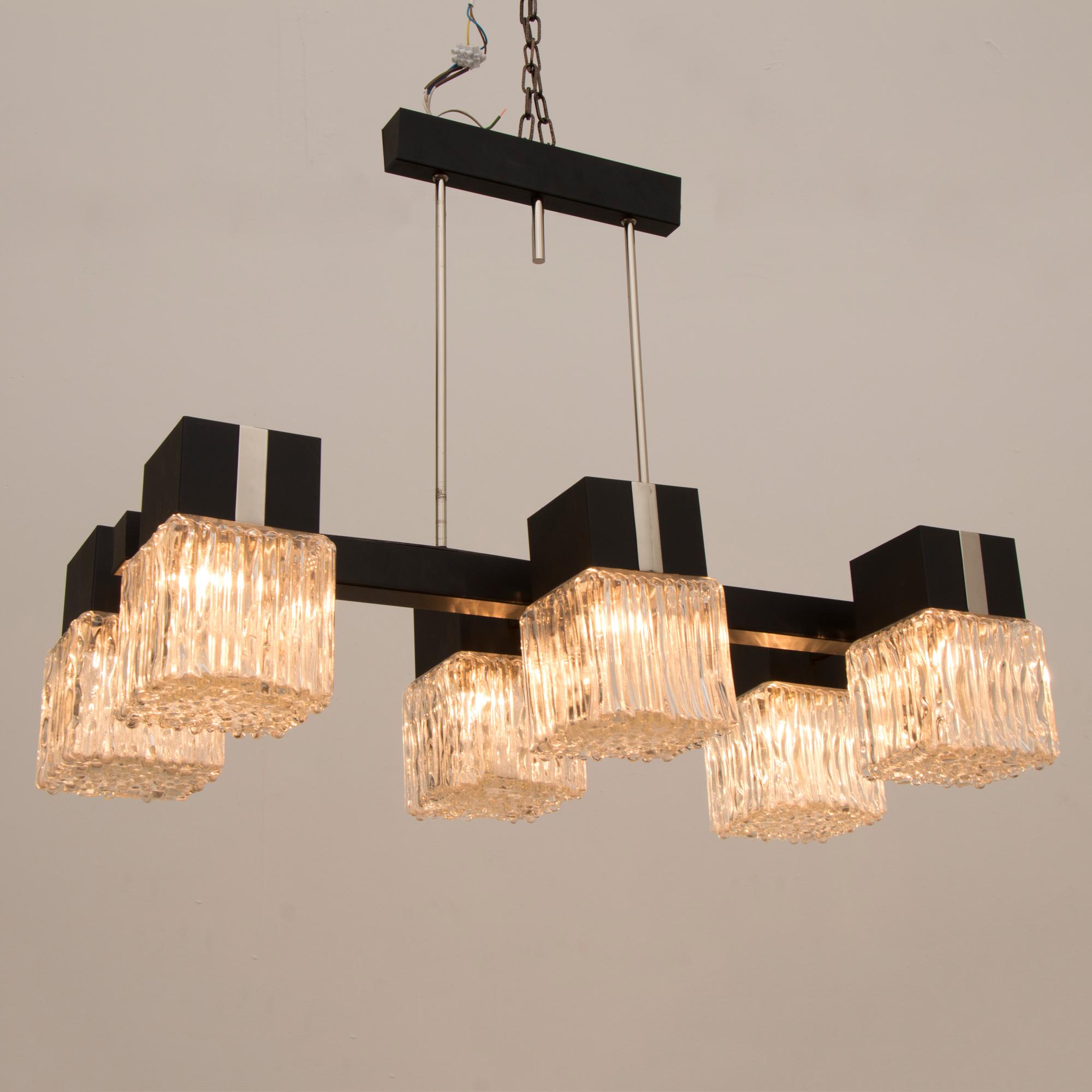 1960s Belgian six square shade hanging light. Each shade hangs from a black lacquered frame with chrome detailing running above each shade. The light is attached to the ceiling from two chrome rods and a black lacquered bar which the wires are