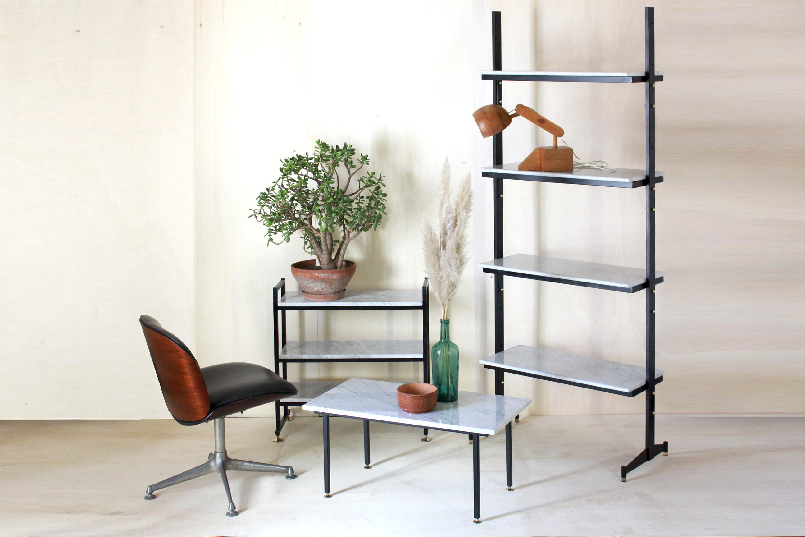 Italian 1960s Vintage Bookshelf with Carrara Marble Shelves and Black Iron Frame