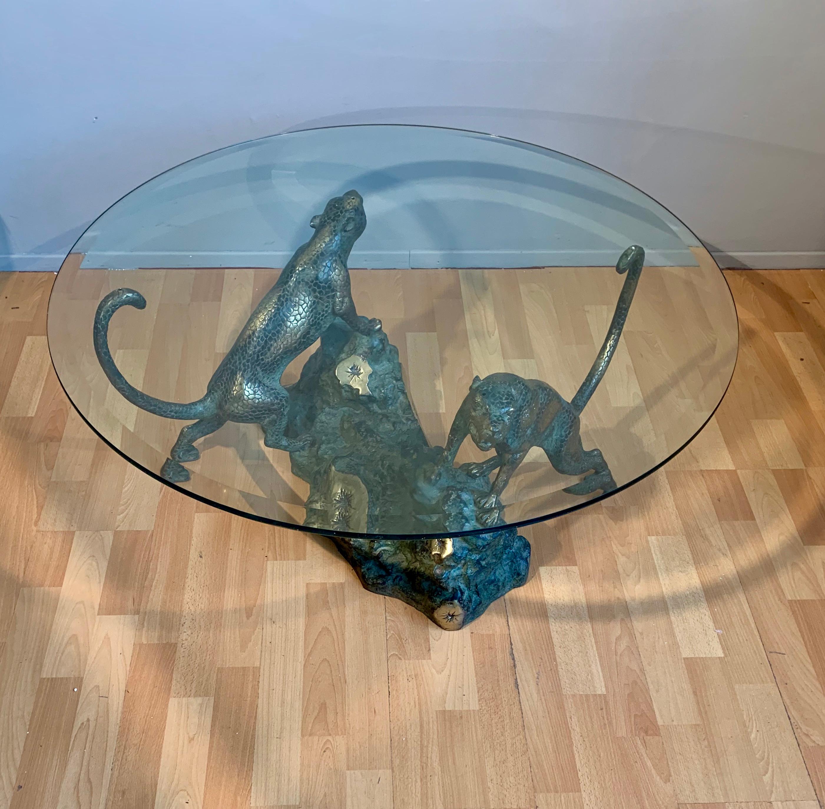 1960s Midcentury Coffee Table w. Glass Top and Pair of Bronze Leopard Sculptures 6