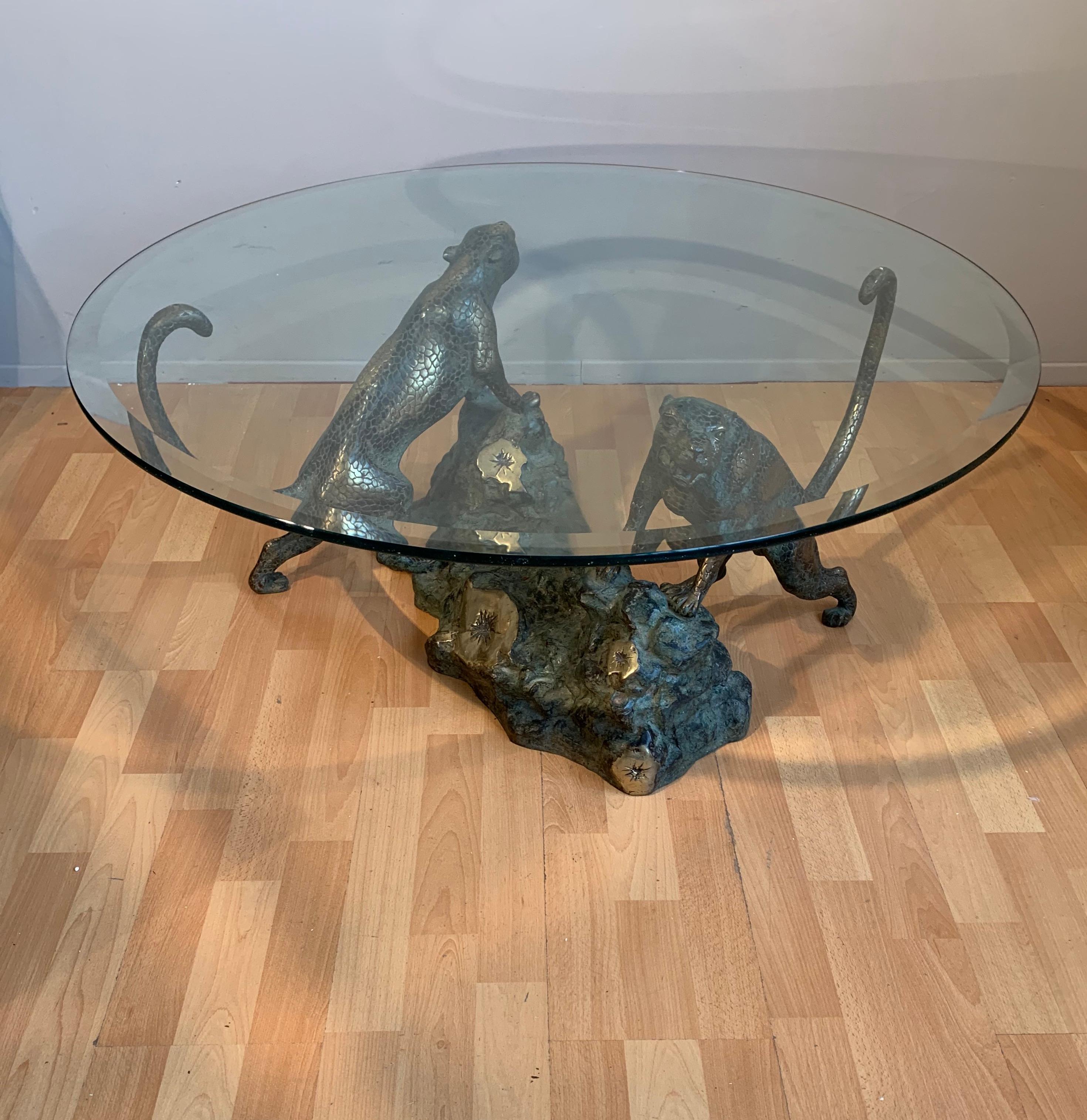 Patinated 1960s Midcentury Coffee Table w. Glass Top and Pair of Bronze Leopard Sculptures