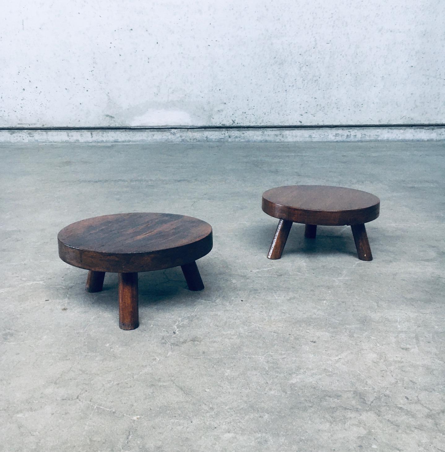 Vintage Midcentury Design Tripod Low Plant Table set of 2. Made in Belgium, 1960's period. Beech wood constructed solid round top and tripod legs. Plant stands, vase display stands ... These come in very good condition. Each measures 13cm x 27cm x