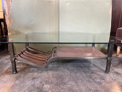 1960’s Midcentury French Jacques Adnet style Leather & Wrought Iron Coffee Table