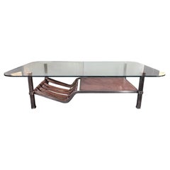 1960’s Midcentury French Jacques Adnet style Leather & Wrought Iron Coffee Table
