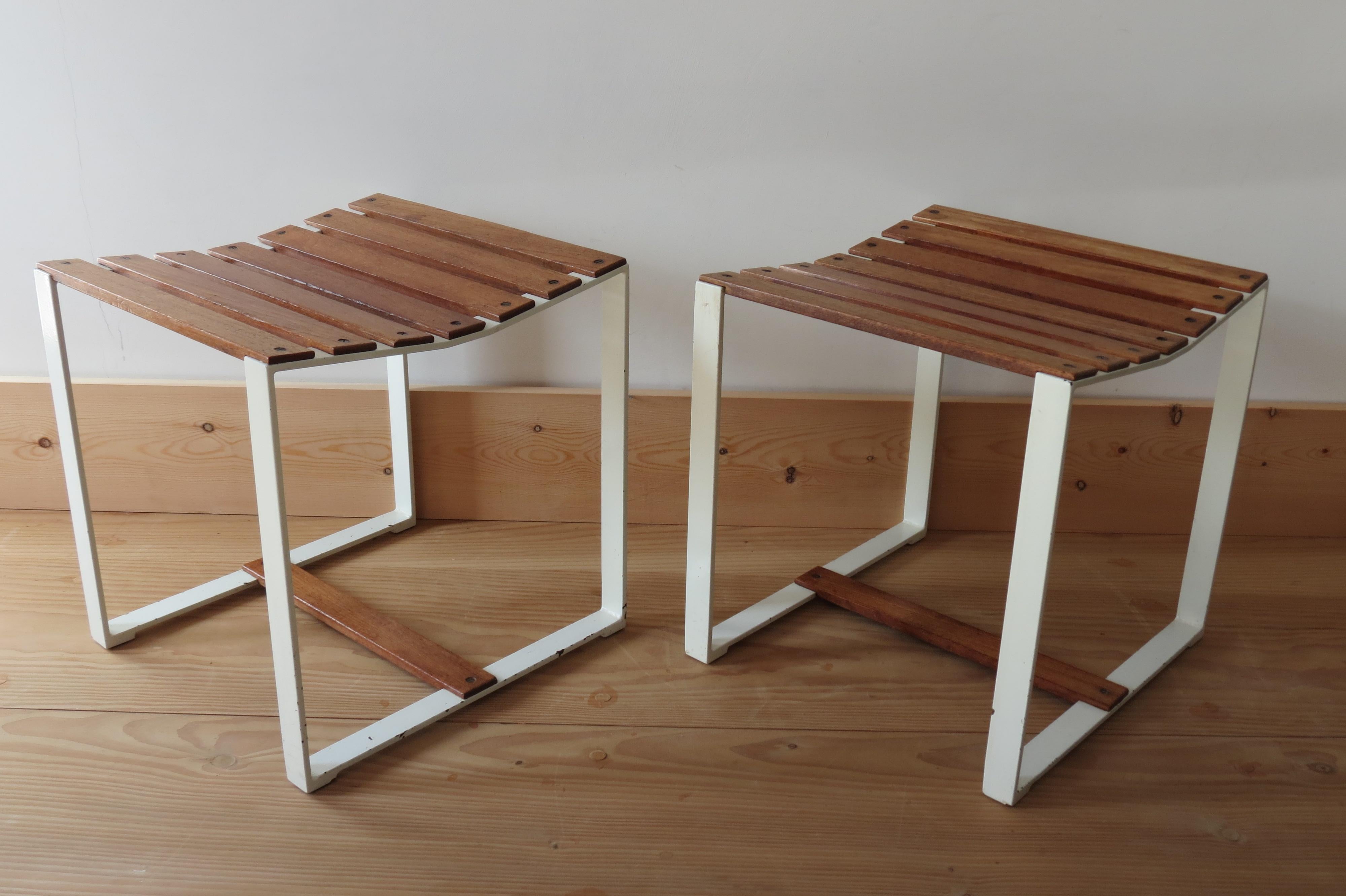 1960s Midcentury Industrial Teak and Metal Slatted Stools or Side Tables, Pair 4