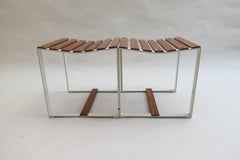 1960s Midcentury Industrial Teak and Metal Slatted Stools or Side Tables, Pair