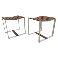 Vintage 1960s Midcentury Industrial Teak and Metal Slatted Stools or Side Tables, Pair