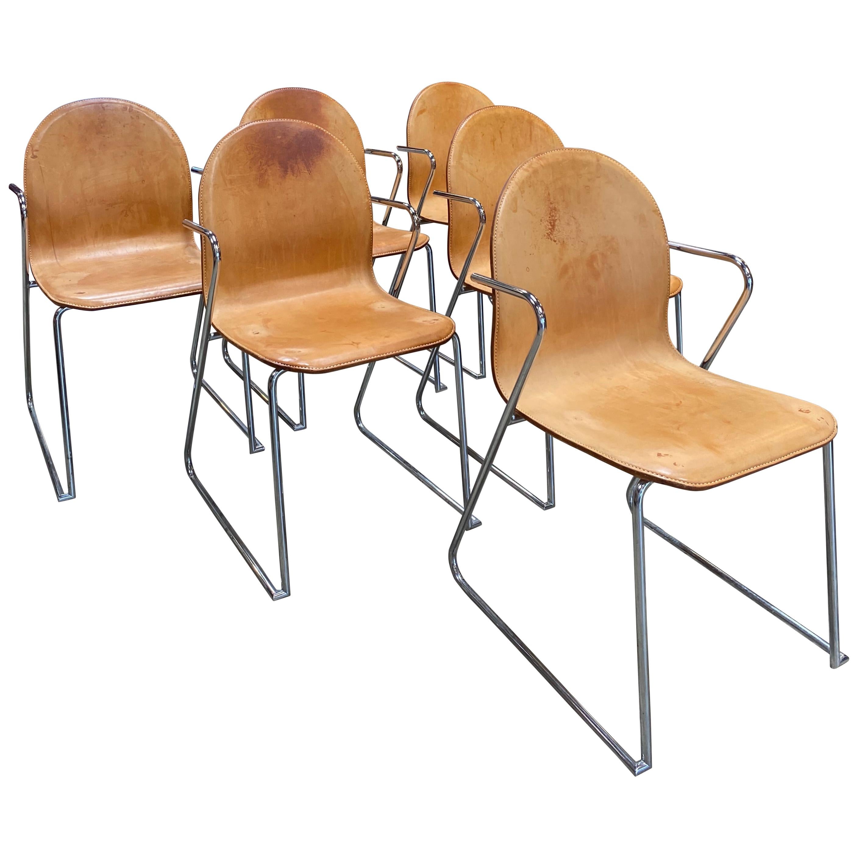 1960s Midcentury Italian Set of 6 Leather and Chrome Chairs