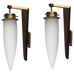 1960s Midcentury Italian Wood, Brass and Milk Glass Sconce, Pair